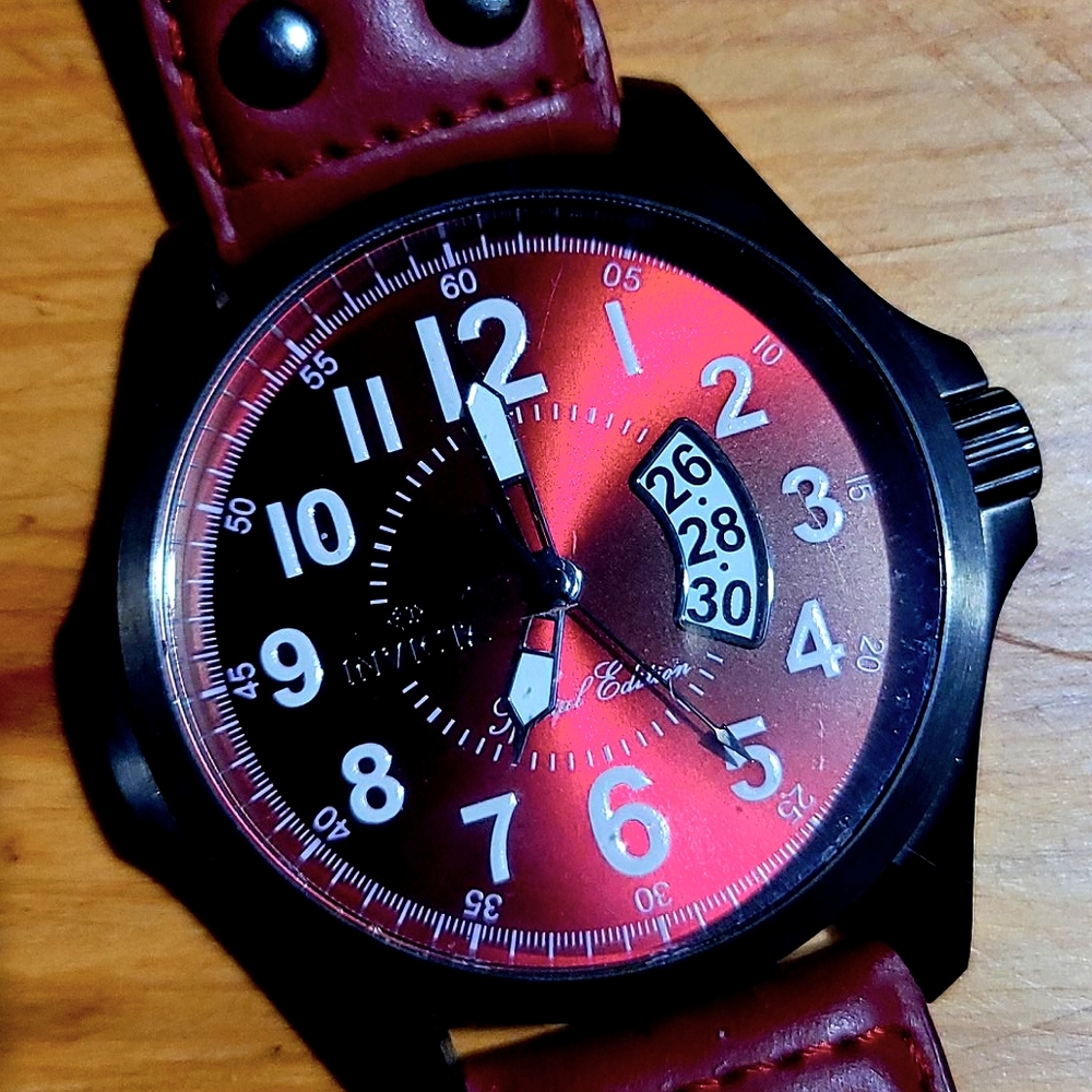 Men's Invicta watch dark red leather strap